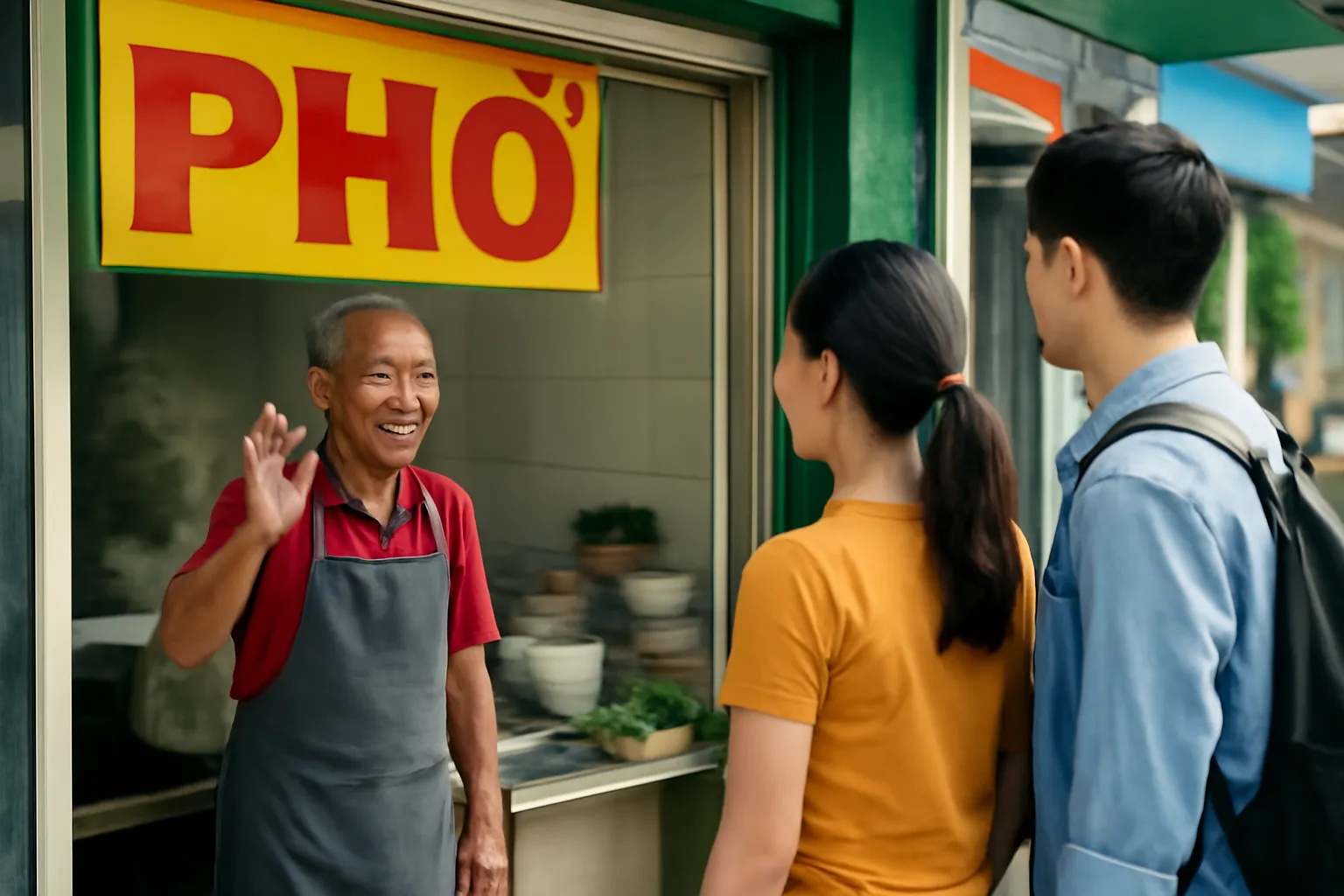 Chủ quán phở cúi chào khách ra về trước cửa quán